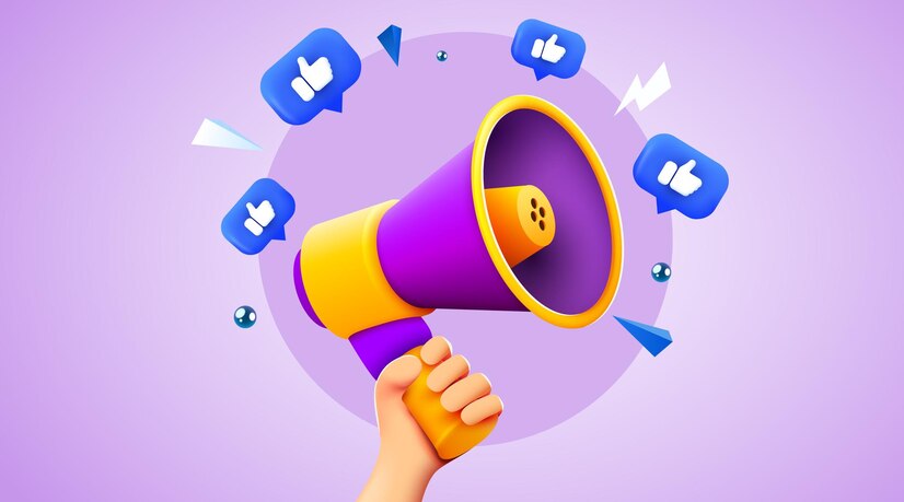 3d hand holding megaphone speaker loudspeaker bullhorn announce mockup with like notifications social media promotionvector illustration 3482 7751