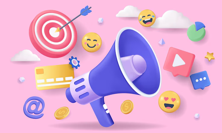 digital marketing concept 3d illustration icon composition with megaphone video content target emoji e1711106422897