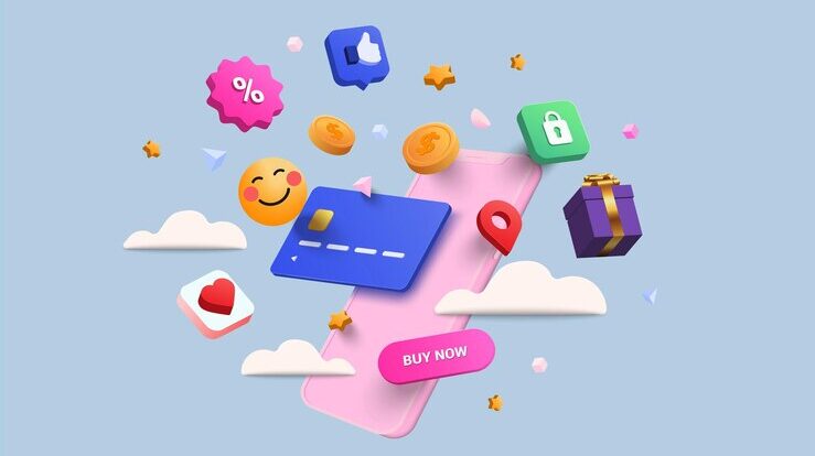 online shopping 3d illustration online shop online payment delivery concept with floating elements sale banner gift box discount social advertising 3d vector illustration 145666 1455 e1710490278565