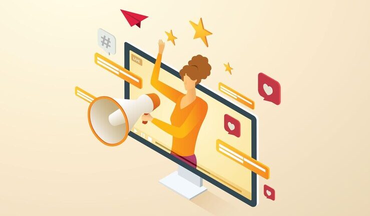woman with megaphone promoting social media with live streaming video 64478 828 e1710571610910